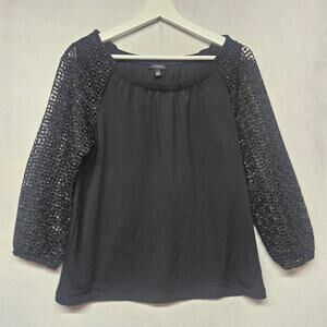 Talbots Women's Black Crochet Blouse 3/4 Sleeve Mesh Knit Top Size S